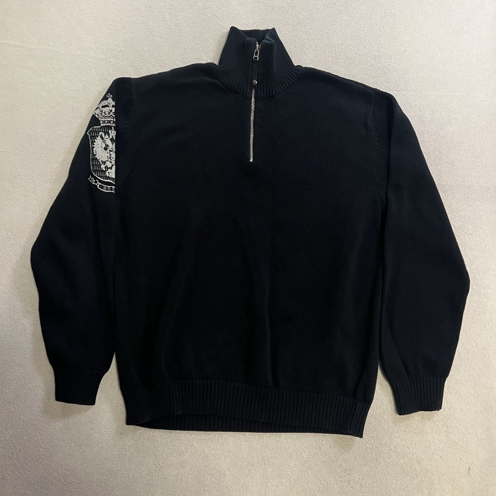 Guess Jeans Cotton Sweater Mens XL 1/4 Zip Black Pullover Mock Neck Chess Crest